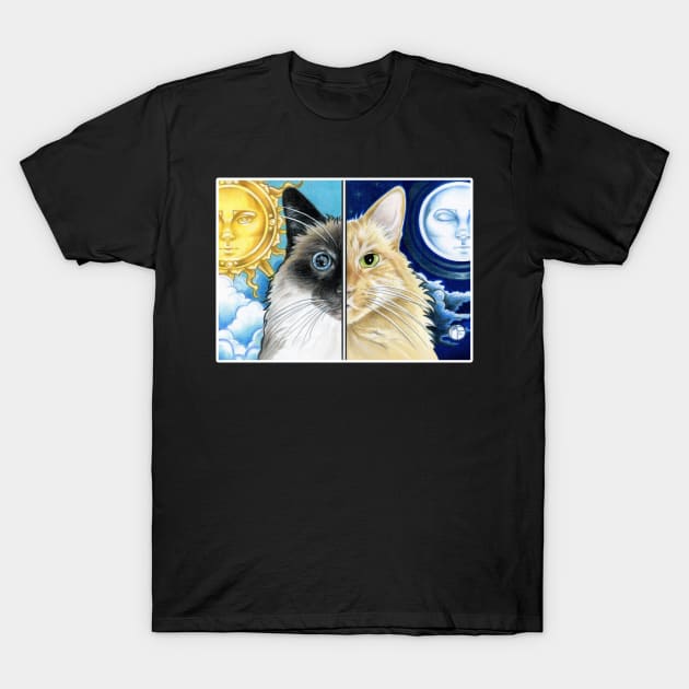 Sun and Moon Cats - White Outlined Version T-Shirt by Nat Ewert Art